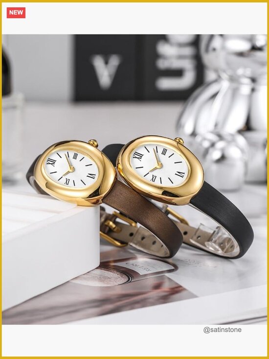 Elegant 24mm Oval Dial Bangle Watch - Quartz Wristwatch with Leather Band